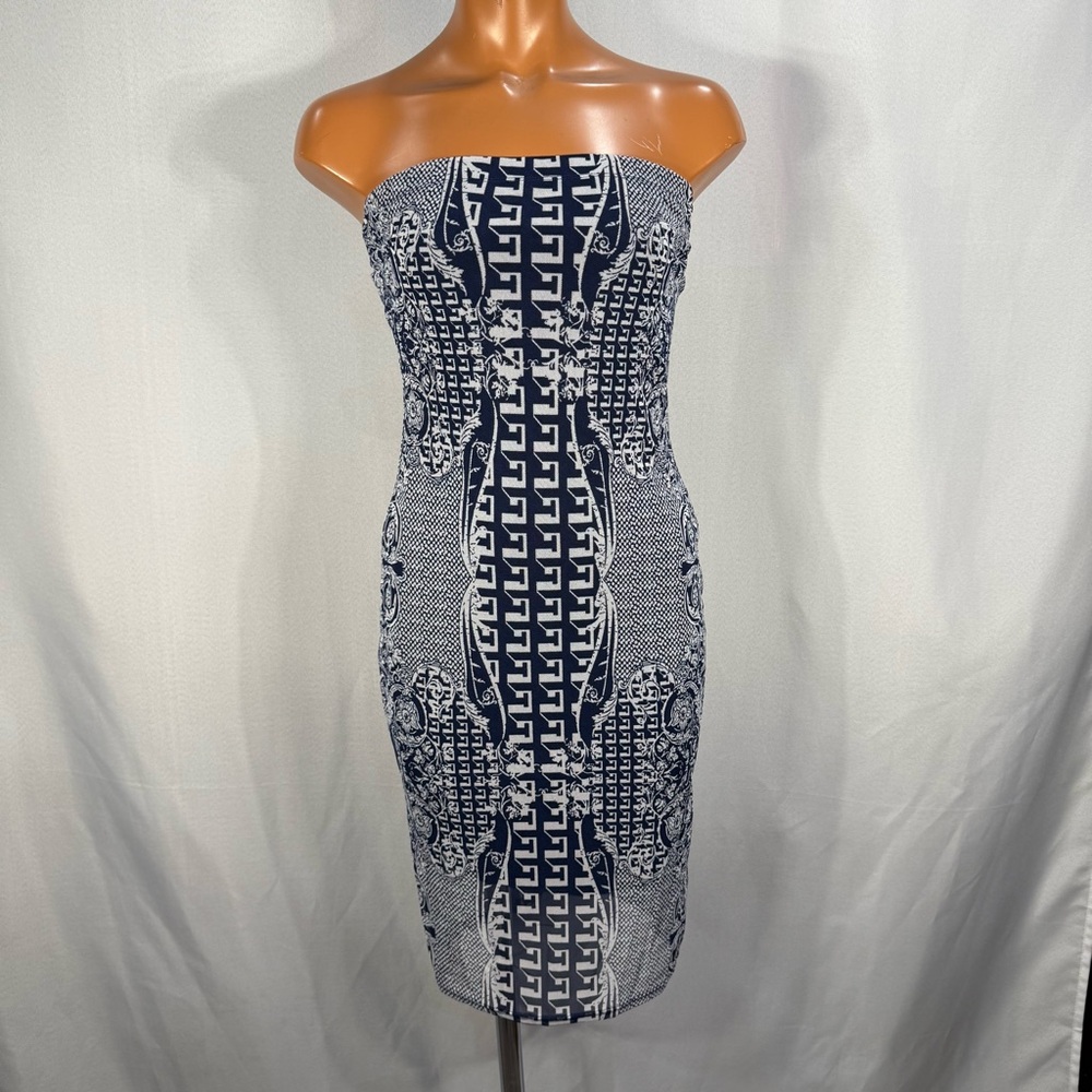 Strapless Bodycon Dress Navy White Print Small Chico Made in USA